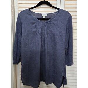 J JILL Love 100% Linen Blue Pintuck 3/4 Sleeve V-neck Side Slits Shirt XS
